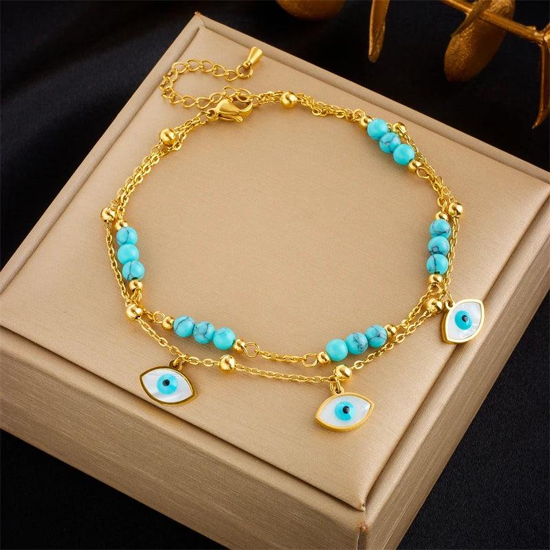 316L Stainless Steel Eye Star Green Stone Anklets For Women