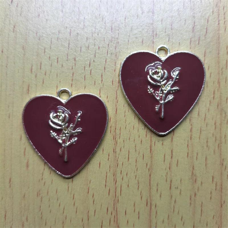10pcs Cartoon Heart Enamel Charms Rose Flower Charm Pendants for DIY Jewelry