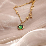 Stainless Steel Ball Chain Foot Bracelet Green Stone Charm Anklet