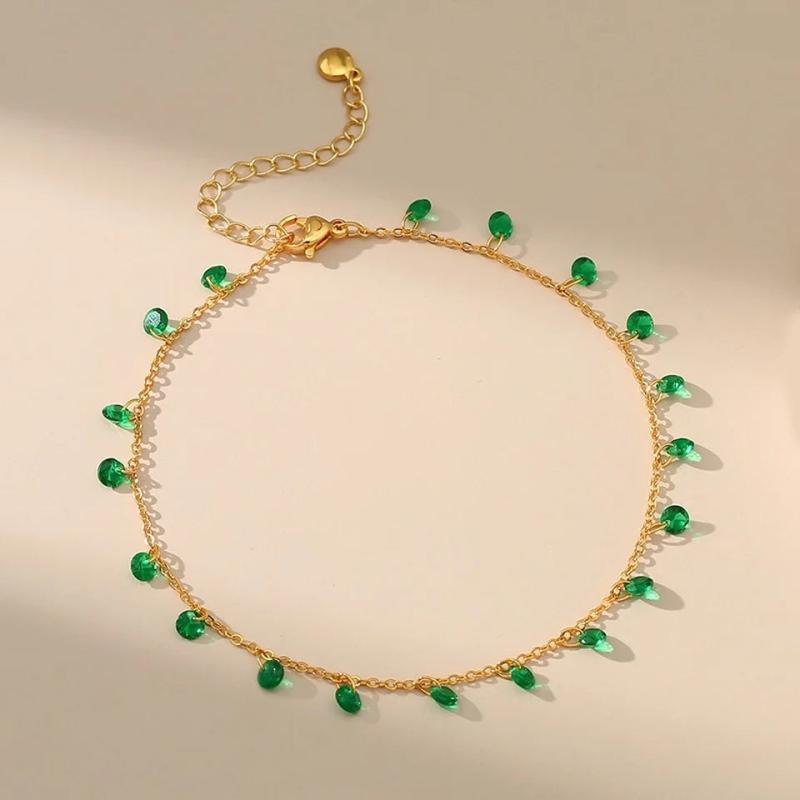 Green CZ Adjustable Anklet for Women Party Beach Foot Jewelry
