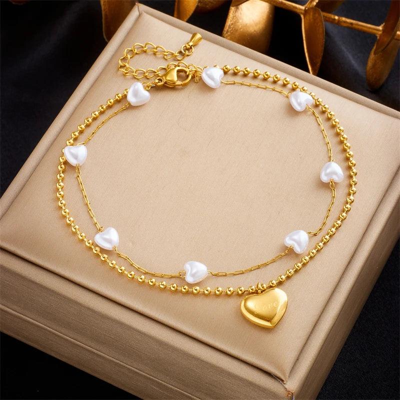 Heart Pearl Charm Anklets for Women 2-Layer Leg Chain Jewelry