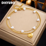 Heart Pearl Charm Anklets for Women 2-Layer Leg Chain Jewelry