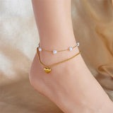 Heart Pearl Charm Anklets for Women 2-Layer Leg Chain Jewelry