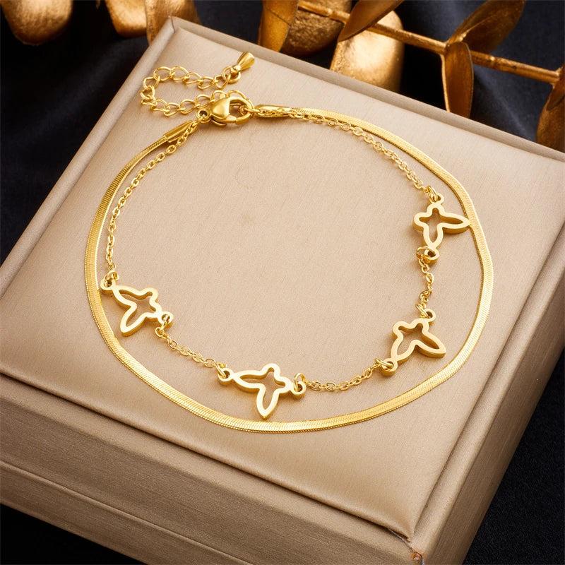2-Layer Butterfly Charm Anklets For Women Girl Leg Chain