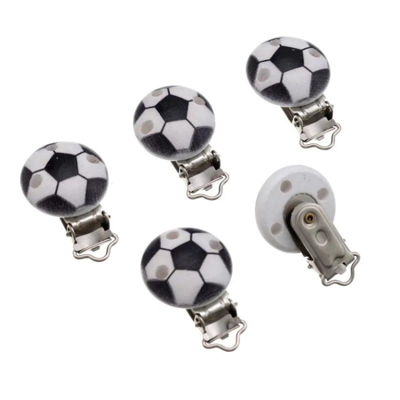 5PCs Wood Baby Pacifier Clips Football Metal Holders Infant Soother Clasps