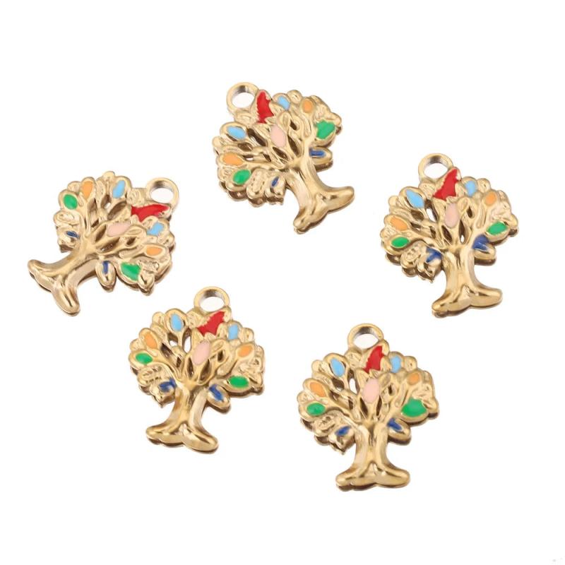 5pcs Stainless Steel Life Tree Enamel Plant Charms 18K DIY Jewelry Pendant