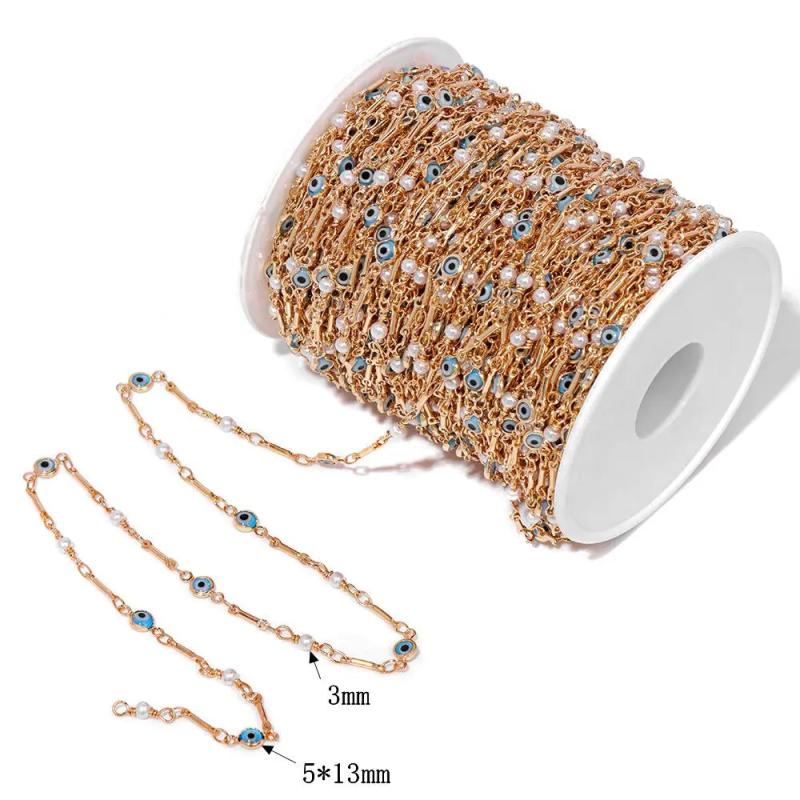 Devil's Eye Charm Chain w/ Pearls Crystals Beads Stainless Steel
