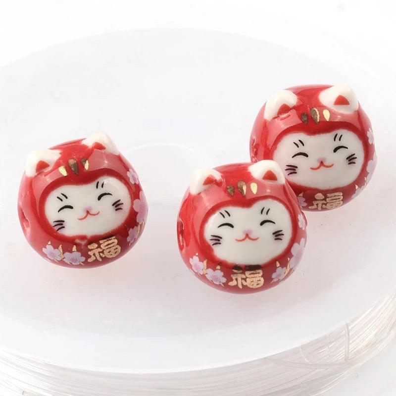 5Pcs 13x15mm Blessing Cat Ceramic Beads Colorful Porcelain Beads