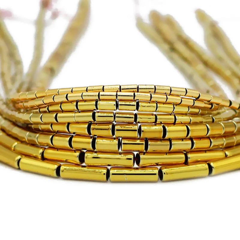 Long Tube Hematite Beads Plated Natural Stone Round Cylinder Spacer Loose Beads