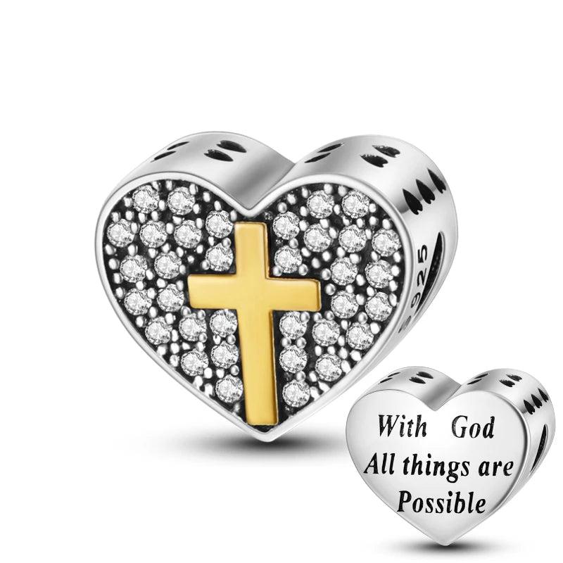 Prayer Cross Heart Charm for 3mm Bracelet Necklace Pendant Silver