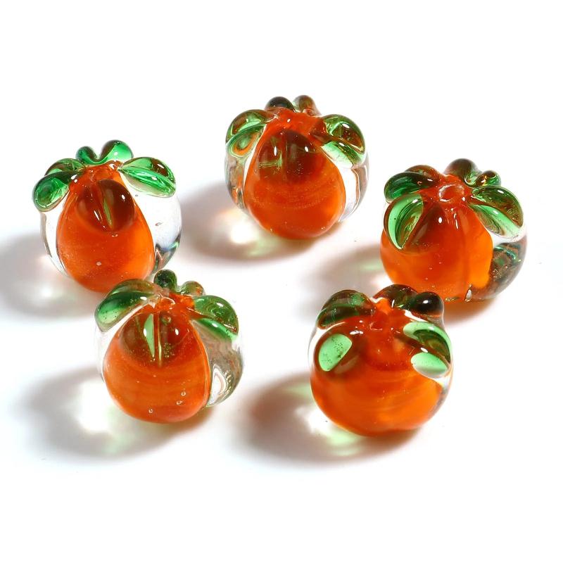 Lampwork Glass Beads Persimmon Green Orange 10PCs