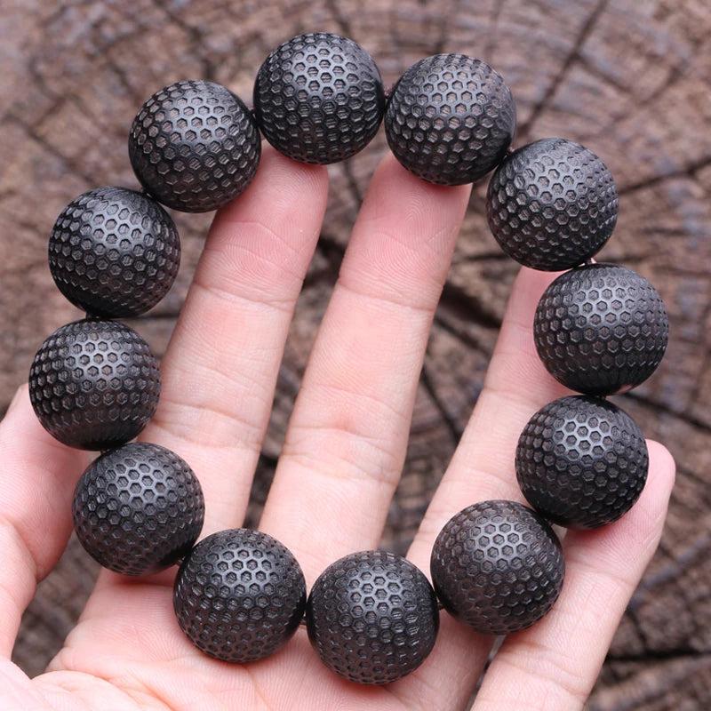 Men's Ebony Wooden Bead Bracelet Buddha Beads Carved Good Luck Stretch