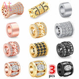 3pcs Copper Cylinder Beads Charm Small Waist Gothic Crown Zircon Barrel Beads