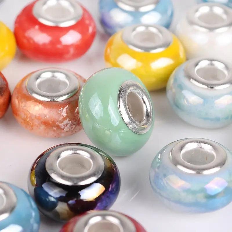 20 Pcs Mix Big Hole Ceramics Charm Beads For Bracelet DIY Silver Plated Core