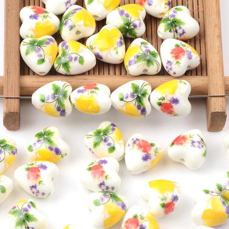 20pcs 12x13mm Heart Flower Ceramic Loose Beads for DIY Jewelry Making