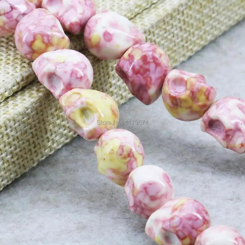 Pink Multicolor Riverstones Skull Loose Beads 12mm for DIY Jewelry Making