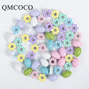 10Pcs Easter Eggs Flowers Wooden Beads DIY Kids Toys Bracelet Crafts