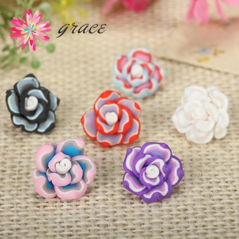 25pc/lot 15mm Colorful Clay 3d Resin Flatback Rose Flower Beads