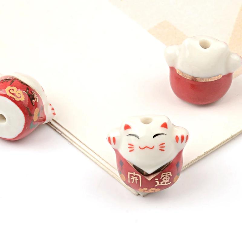 Chinese Lucky Cat Ceramic Beads 16x17mm Home Decor