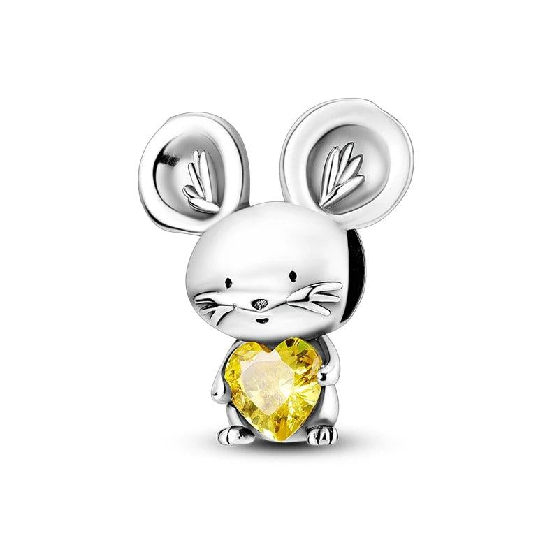 Mouse Charm Yellow Zircon Silver Beads for DIY Jewelry