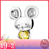 Mouse Charm Yellow Zircon Silver Beads for DIY Jewelry