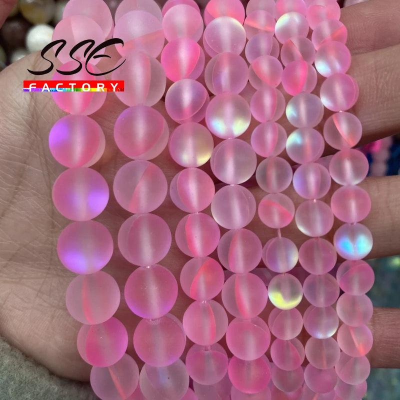 Frosted Pink Austria Crystal Glitter Moon Stone Beads 12mm 15''