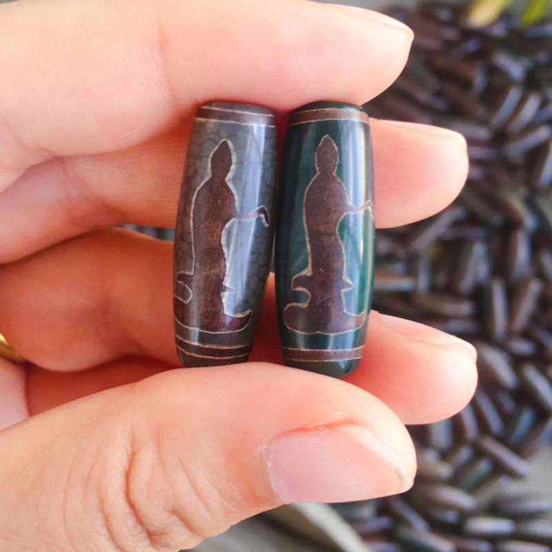 30mm Guanyin Grey Green Stone Tibetan Dzi Agate Beads Reiki Healing Men Women