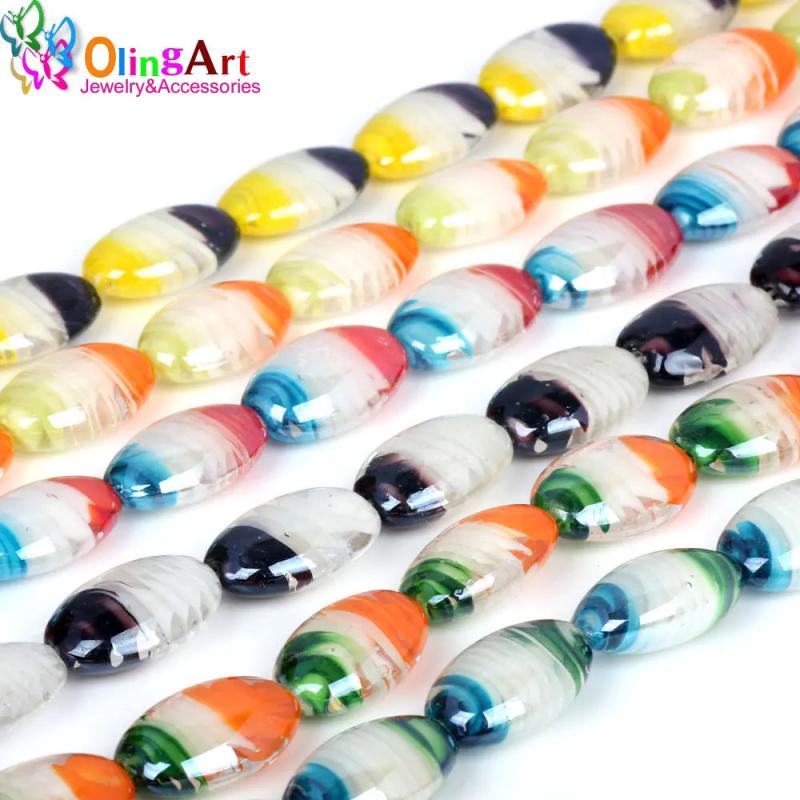 6PCS Lampwork Glass Beads Oval Multicolor Flower Pattern DIY Bracelet Necklace