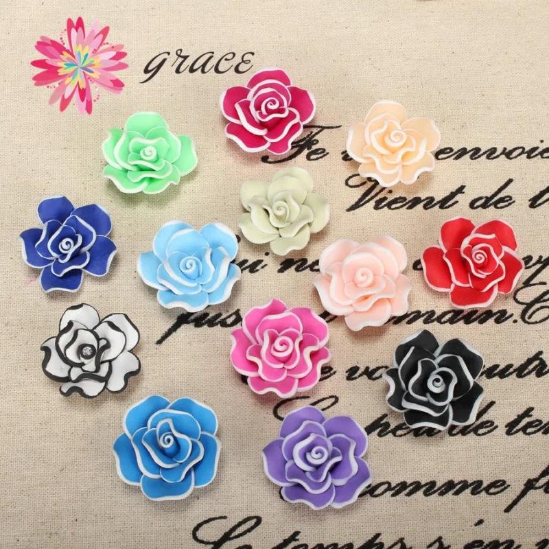 8pc 35mm Polymer Clay Plastic Flower Rose Beads DIY Necklace Hair Jewelry