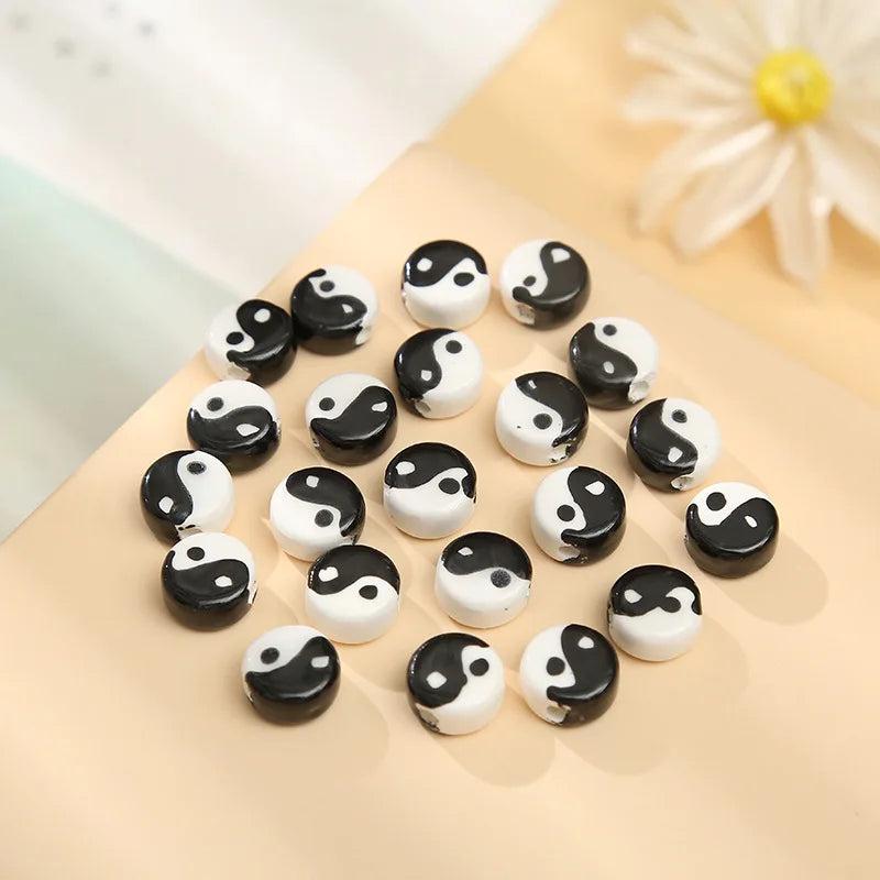 10pcs Tai Ji Pattern Ceramic Beads Round Loose DIY Jewelry Making Spacer Beads