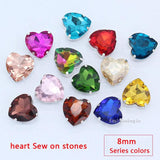 20p 8mm Heart Shape Sew On Crystal Glass Flatback Silver Claw Rhinestones
