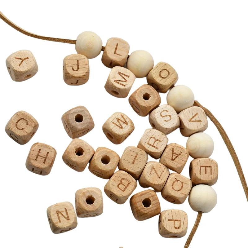 26pcs 12mm Square Wooden English Letter Beads Natural Wood Alphabet Beads
