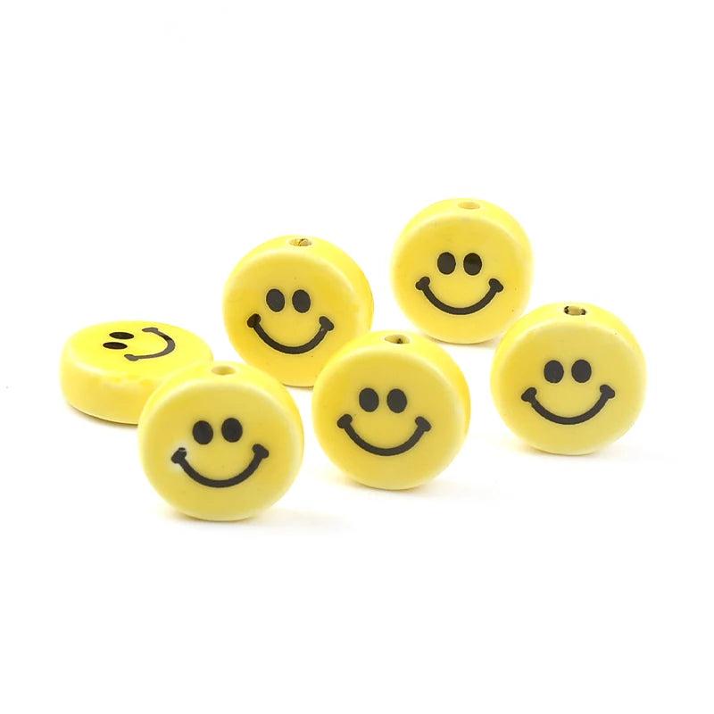 5pcs Smiley Ceramic Beads Yellow 18mm Flat Round DIY Jewelry Making Girl