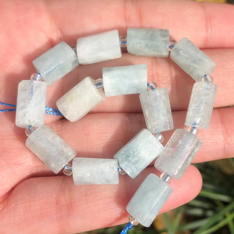 Faceted Aquamarines Stone Cylinder Beads for Jewelry Making