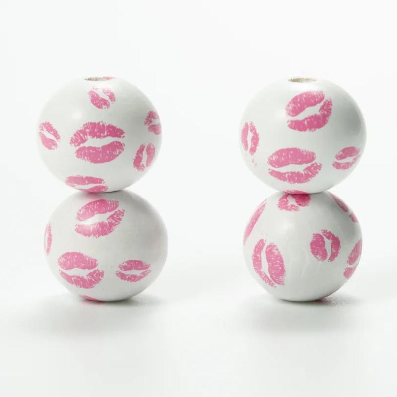 20Pcs Pink Mouth Round Wooden Beads DIY Party Decoration Bracelet Accessories