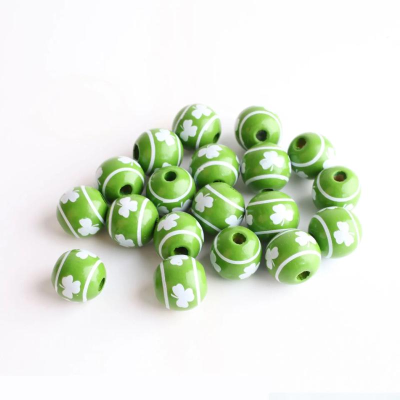 St. Patrick's Green Lucky Clover Pattern Wood Beads for DIY Crafts