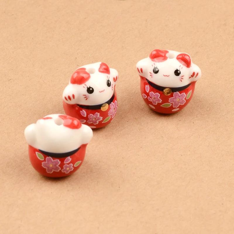 5pcs 18mm Lucky Cat Colorful Ceramic Beads for Jewelry Making