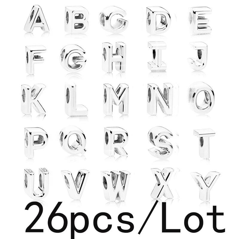 26Pcs Silver Rose English Letter A-Z Charm Beads For Bracelet Necklace