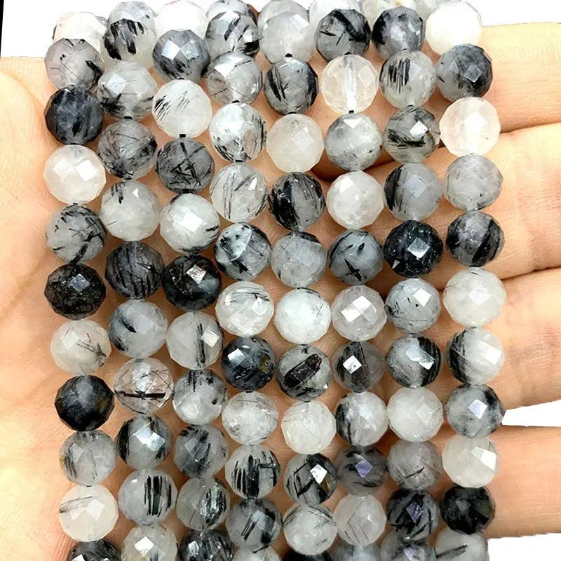 Natural Tourmaline Hair Quartz Faceted Round Stone Beads 6/8/10MM