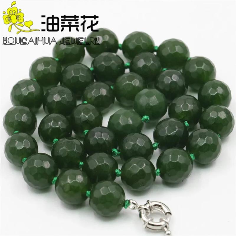 12mm Faceted Army Green Beads Necklace Natural Stone 18inch