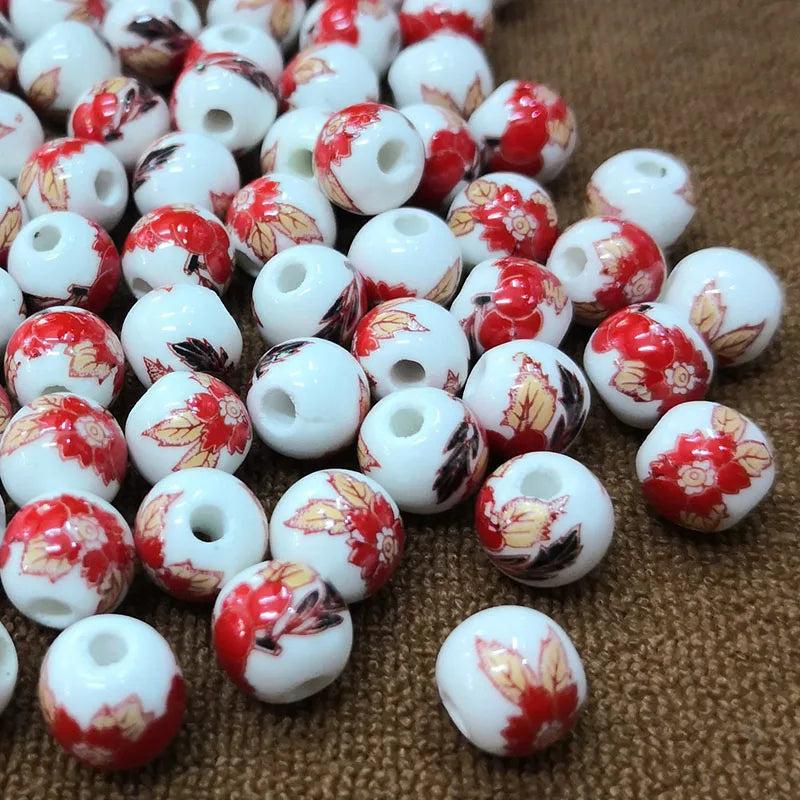 50pcs 8mm Ceramic Beads Flower Porcelain Spacer Round Loose Beads