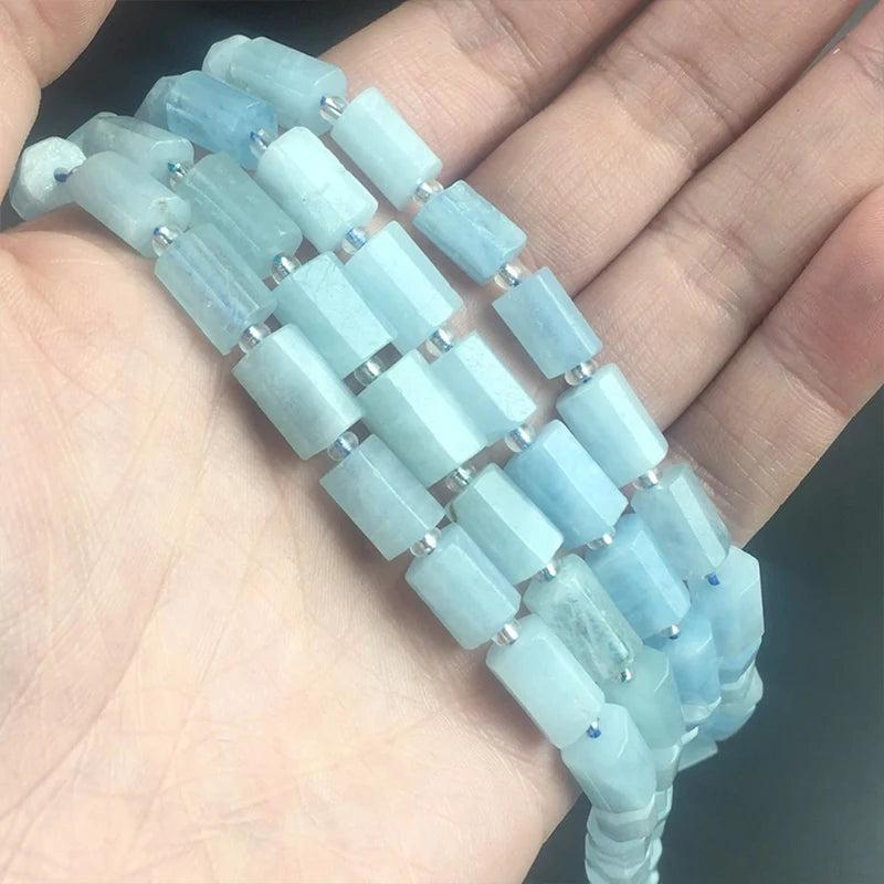 Faceted Aquamarine Stone Beads Cylinder 7.5''