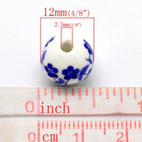 12mm White&Blue Flower Pattern Ceramic Beads DIY Jewelry, 30PC