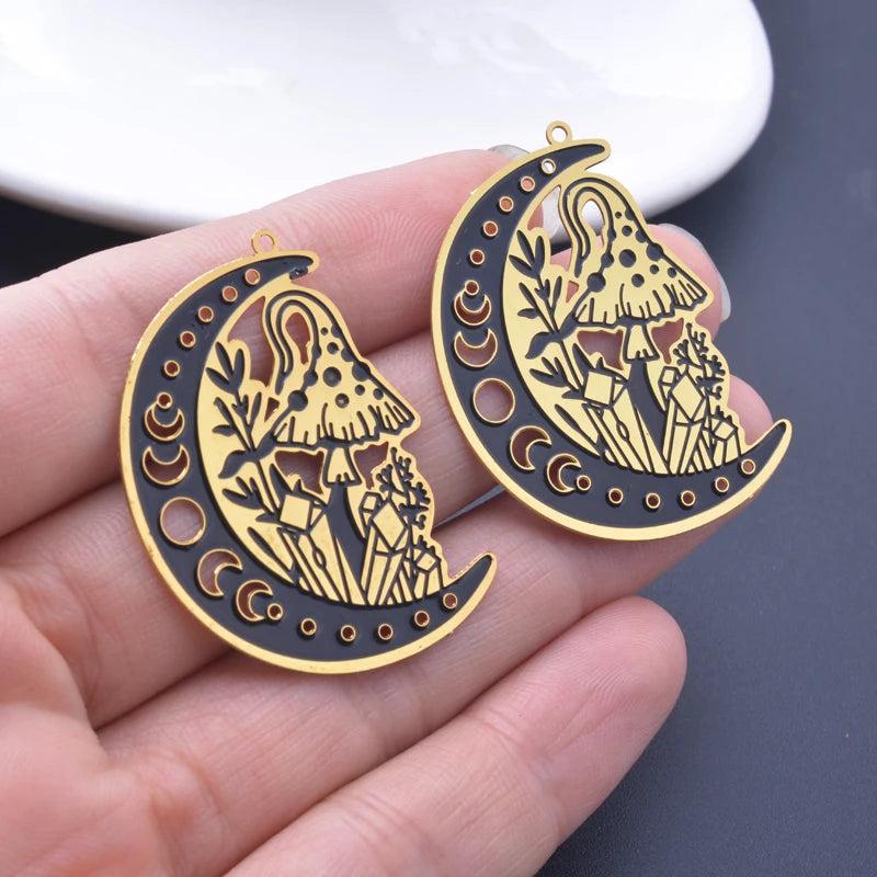 6pcs Plated Brass Moon And Mushroom Charms Pendant