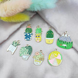 10pcs Enamel Green Plant Potted Cactus Metal Charms Pendants for DIY Jewelry