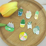 10pcs Enamel Green Plant Potted Cactus Metal Charms Pendants for DIY Jewelry