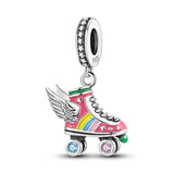 Roller Skates Wings Dangle Charm for Bracelet Necklace Silver Enamel Pendant