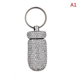 Diamond Keychain Pill Box Glittering Portable Rhinestone Aluminum Pill Bottle