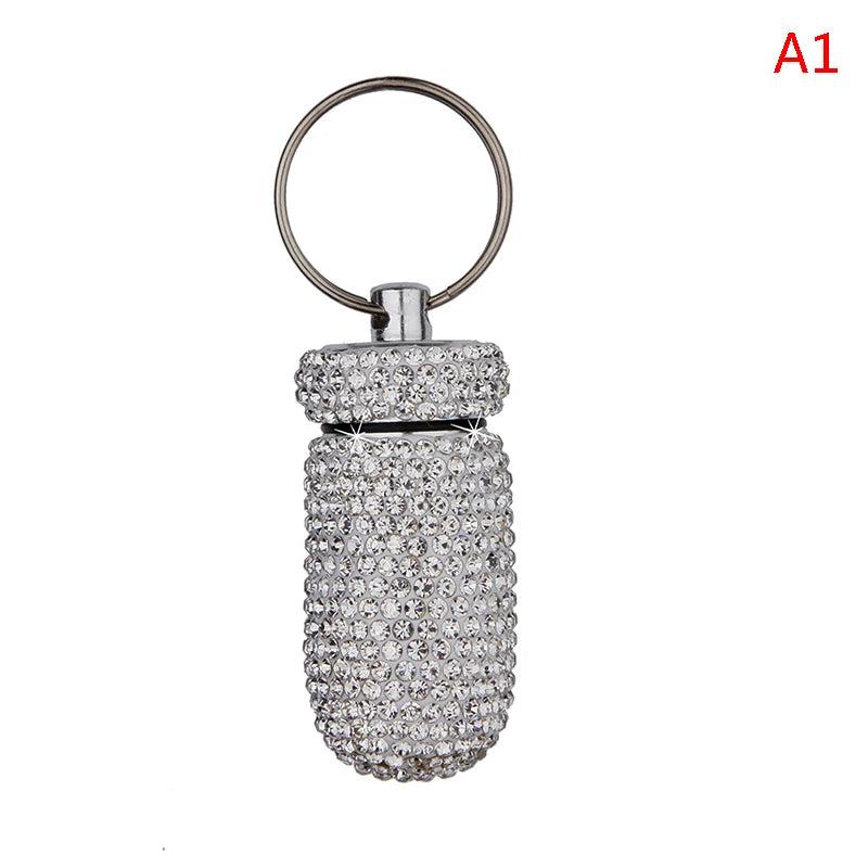 Diamond Keychain Pill Box Glittering Portable Rhinestone Aluminum Pill Bottle