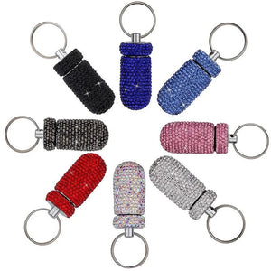 Diamond Keychain Pill Box Glittering Portable Rhinestone Aluminum Pill Bottle